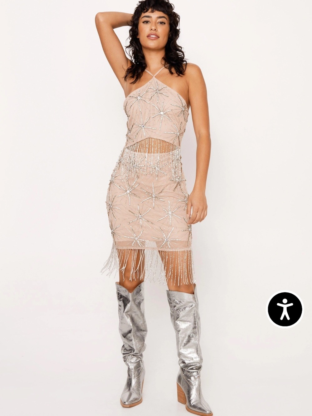 Nasty Gal Blush Beaded Fringe Halter Mini Dress
